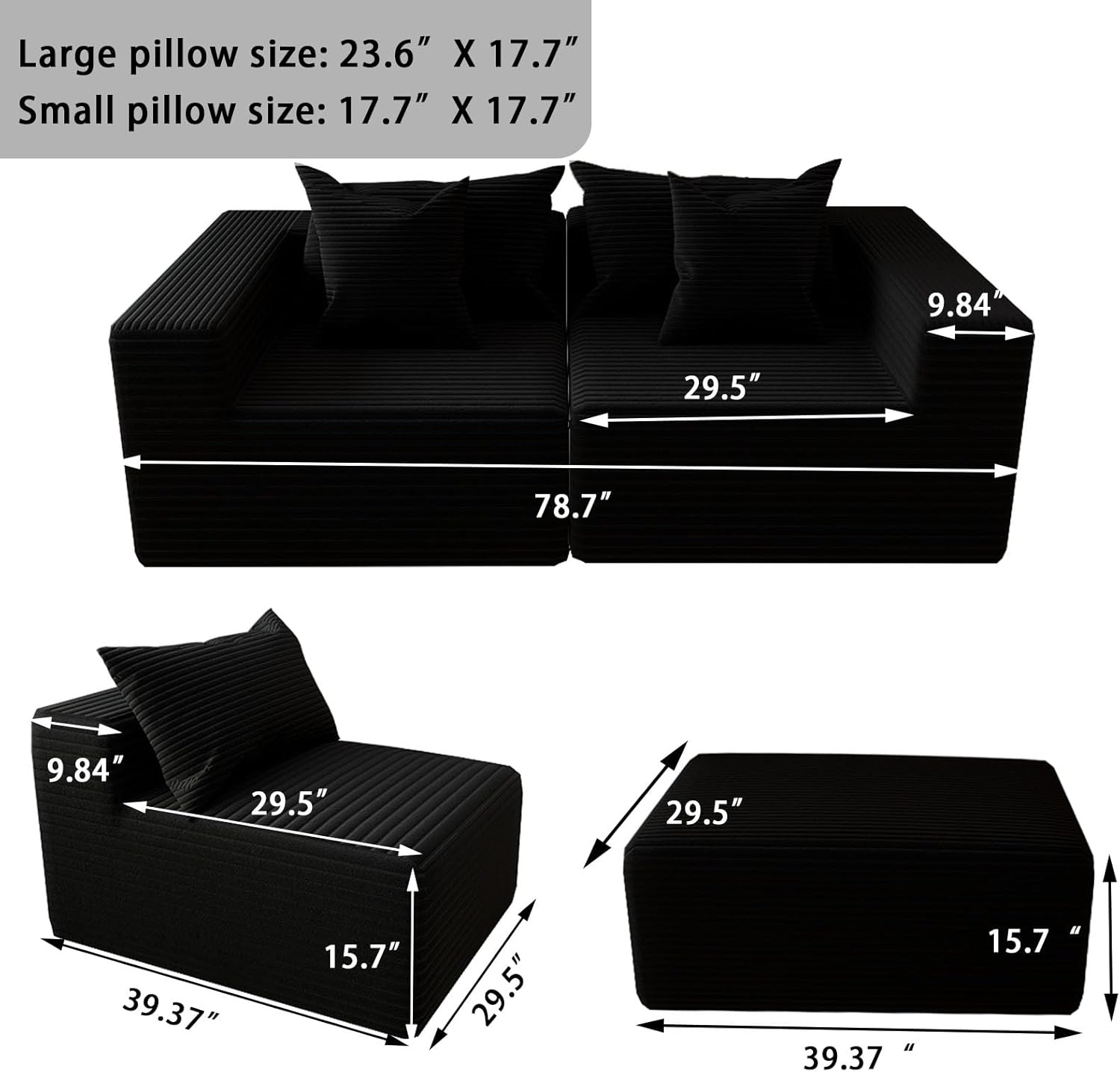 Oversized Cloud Couch Ottoman, Frameless Wide-Wale Corduroy Footrest for Living Room, High-Density All-Foam Large Rectangle Boneless Ottoman Coffee Table for Sectional Sofa (Black, Ottoman)