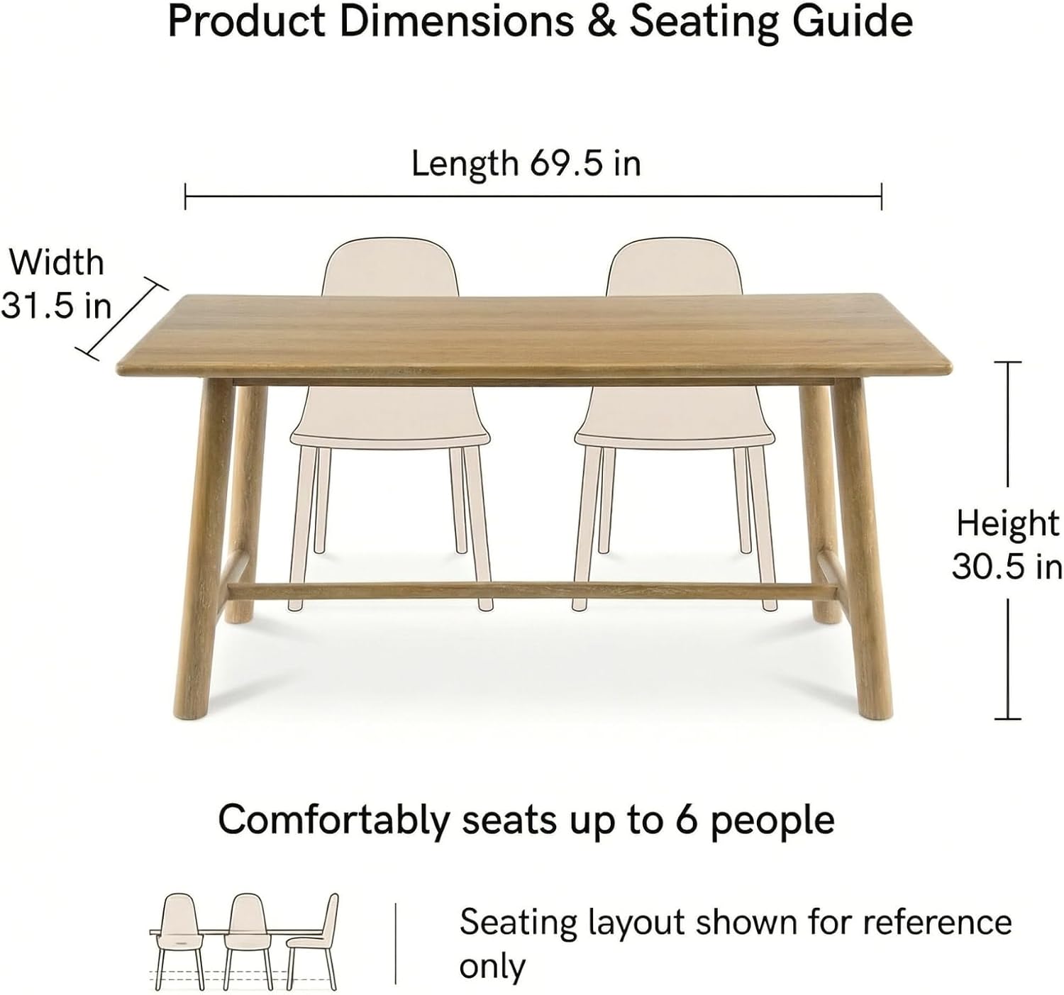 CIMOTA 69" Dining Table for 4-6, Wood Kitchen Table with Solid Wood Legs, Modern Farmhouse Dining Furniture for Dining Room, Living Room & Home Office, Natural Finish