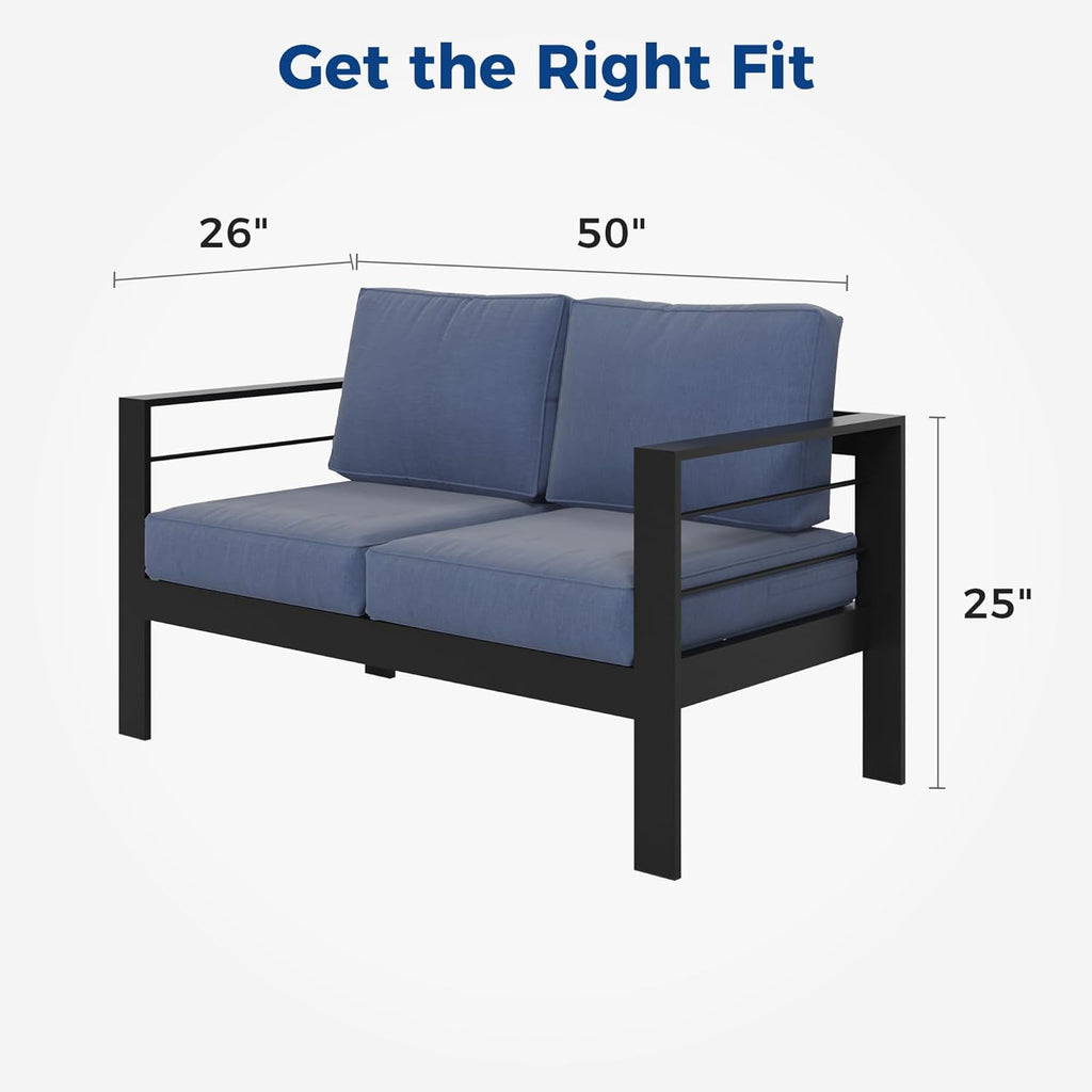 Wisteria Lane Patio Furniture Aluminum Loveseat, All-Weather Outdoor 2 Seats Sofa Couch, Patio Outdoor Sofa, Black Metal Chair with Blue Cushions