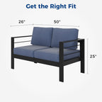 Wisteria Lane Patio Furniture Aluminum Loveseat, All-Weather Outdoor 2 Seats Sofa Couch, Patio Outdoor Sofa, Black Metal Chair with Blue Cushions
