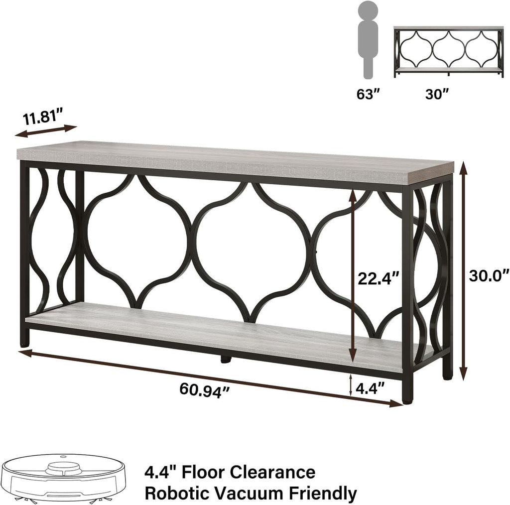 IBF Narrow extra long Sofa Console Table, 63 Inch Modern Entryway Table Behind Couch with Storage shelf, 2-Tier Industrial Wooden Metal Hallway Accent Sofa Tables for Living Room Foyer, Light Grey Oak