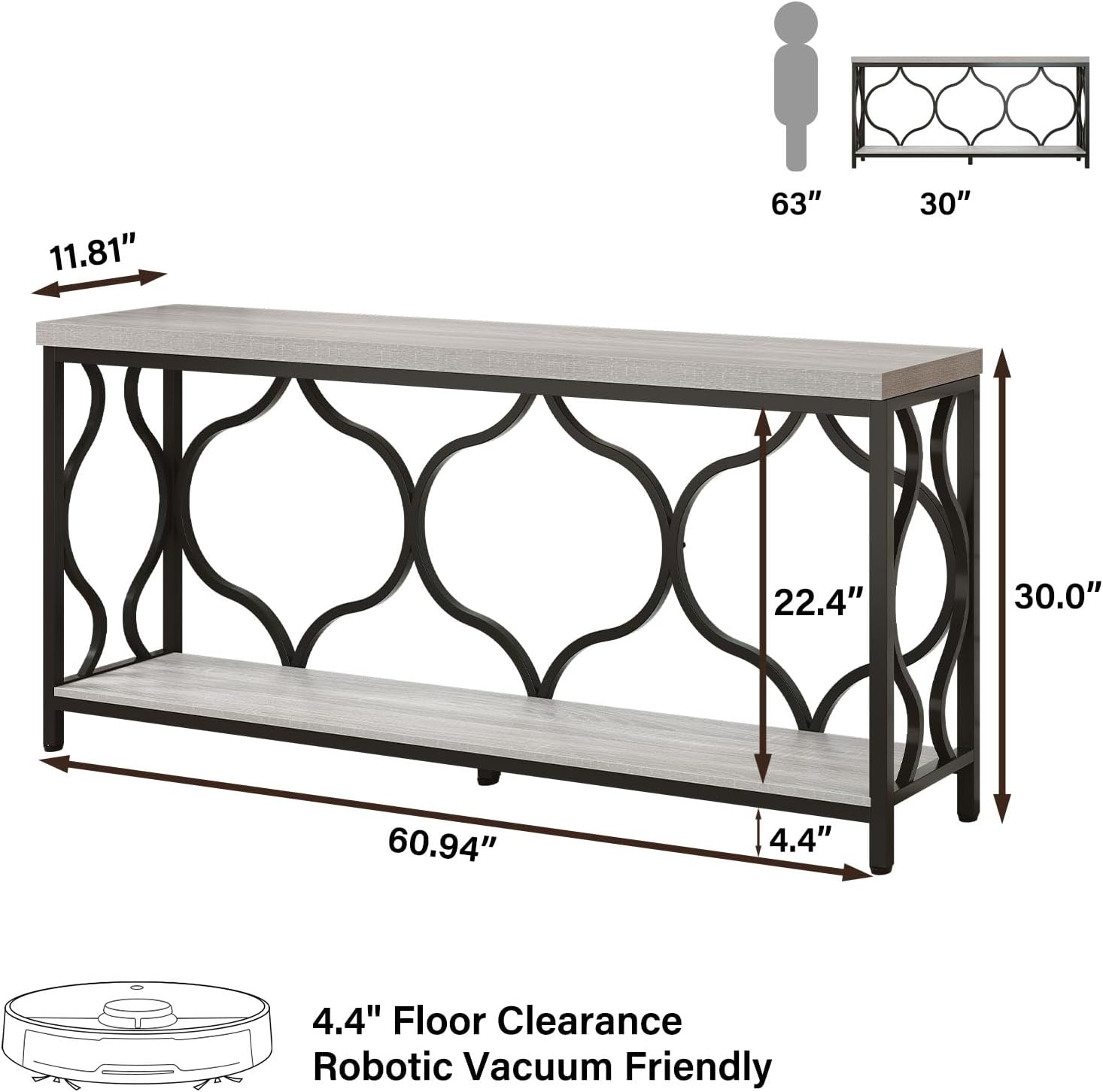 IBF Narrow extra long Sofa Console Table, 63 Inch Modern Entryway Table Behind Couch with Storage shelf, 2-Tier Industrial Wooden Metal Hallway Accent Sofa Tables for Living Room Foyer, Light Grey Oak