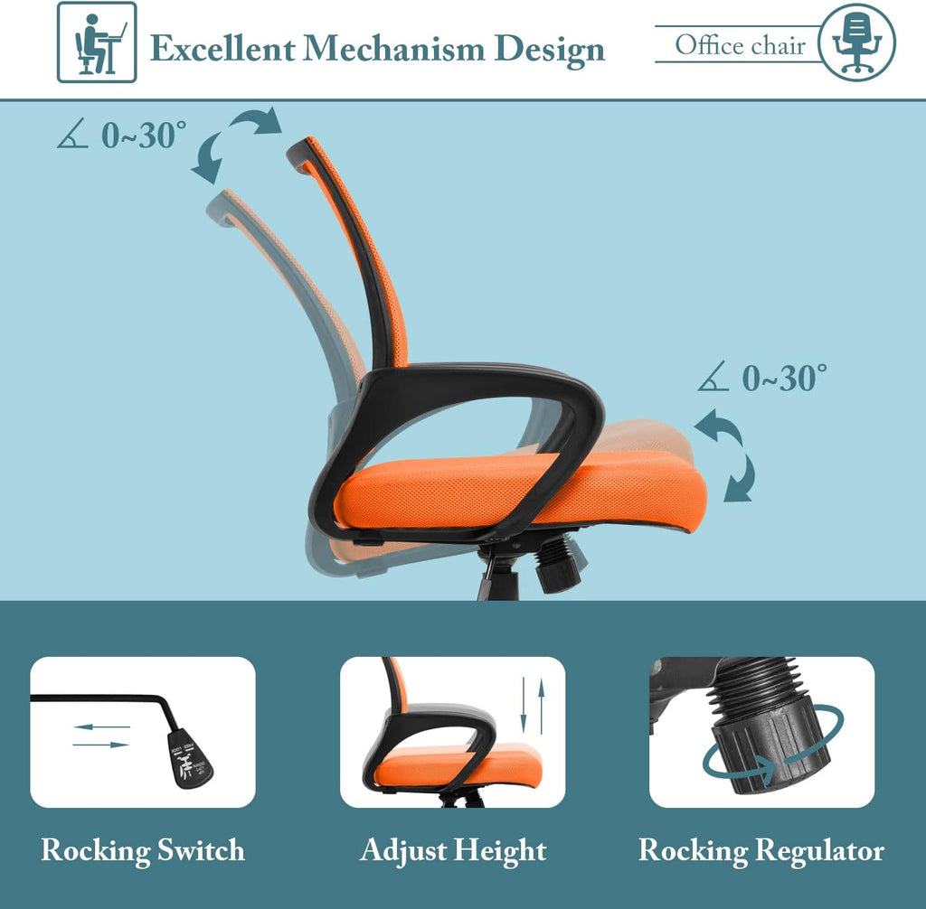 Shahoo Office Chair Swivel Task Seat with Mid-Back, Ergonomic Waist Support, Mesh, Orange