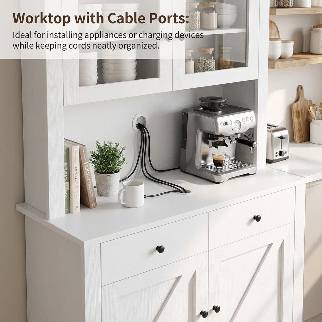 Freestanding Kitchen Pantry Cabinet with Microwave Countertop, Tall Storage Hutch Buffet Cupboard with Adjustable Shelves & Tempered Glass Door, Multifunctional Storage Cabinet for Kitchen Dining Room