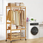 Bamboo Open Wardrobes with Wheels,Stable Clothes Rail with Rod and 2 Storage Shelves,for Hanging Clothes,Clothes Rack for Bedroom Entryway Bathroom Office,43/63/83/98 * 34 * 160cm