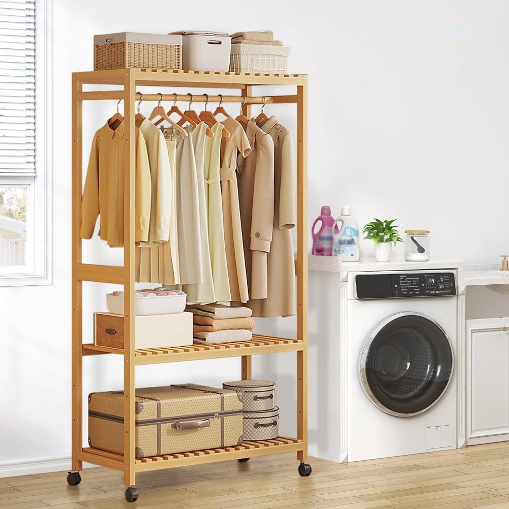 Bamboo Open Wardrobes with Wheels,Stable Clothes Rail with Rod and 2 Storage Shelves,for Hanging Clothes,Clothes Rack for Bedroom Entryway Bathroom Office,43/63/83/98 * 34 * 160cm
