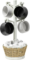 Wood Mug Holder Tree with Woven Basket, 4 Hooks Coffee Mug Holder, Countertop Mug Tree for Kitchen Counter Cabinet Coffee Bar Accessories Cup Display Organizer Hanger(White)