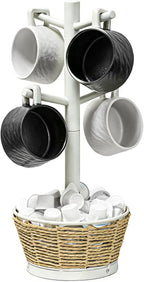 Wood Mug Holder Tree with Woven Basket, 4 Hooks Coffee Mug Holder, Countertop Mug Tree for Kitchen Counter Cabinet Coffee Bar Accessories Cup Display Organizer Hanger(White)