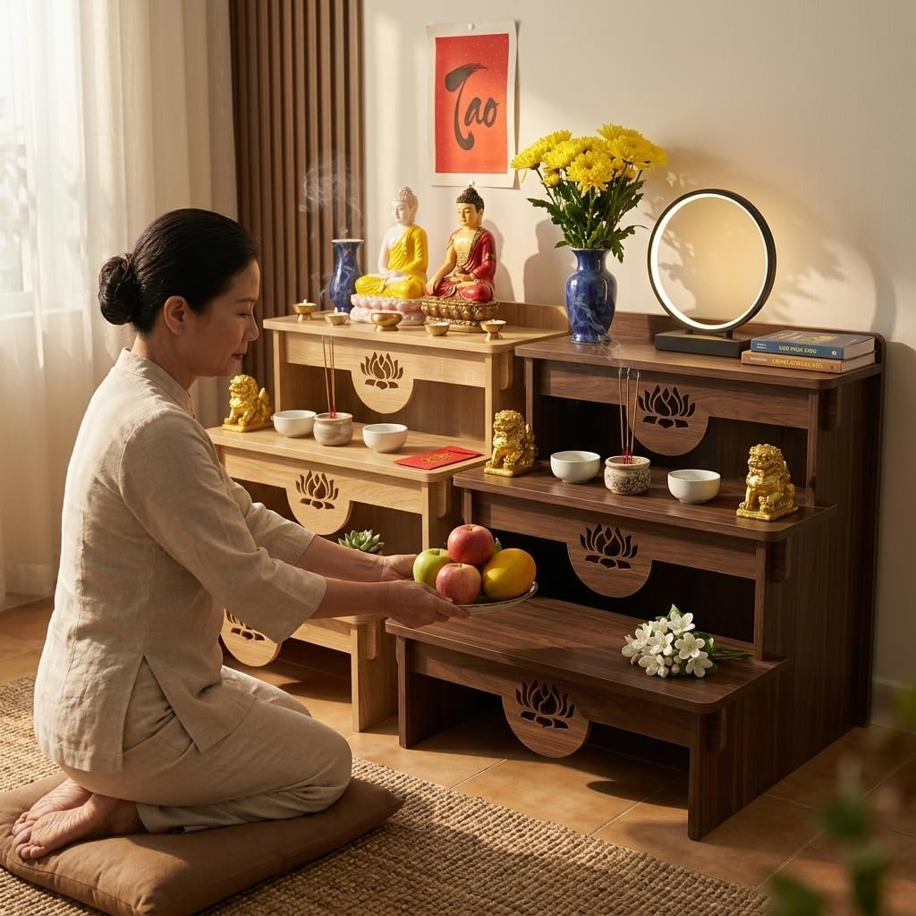 3-Tier Buddhist Altar Table for Prayer & Meditation, Zen Style Wooden Shrine Cabinet with Storage Drawer, MDF Melamine Home Worship Table 23.2 x 24.4 x 26.8 in (59 x 62 x 68 cm) (Walnut)