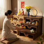 3-Tier Buddhist Altar Table for Prayer & Meditation, Zen Style Wooden Shrine Cabinet with Storage Drawer, MDF Melamine Home Worship Table 23.2 x 24.4 x 26.8 in (59 x 62 x 68 cm) (Walnut)