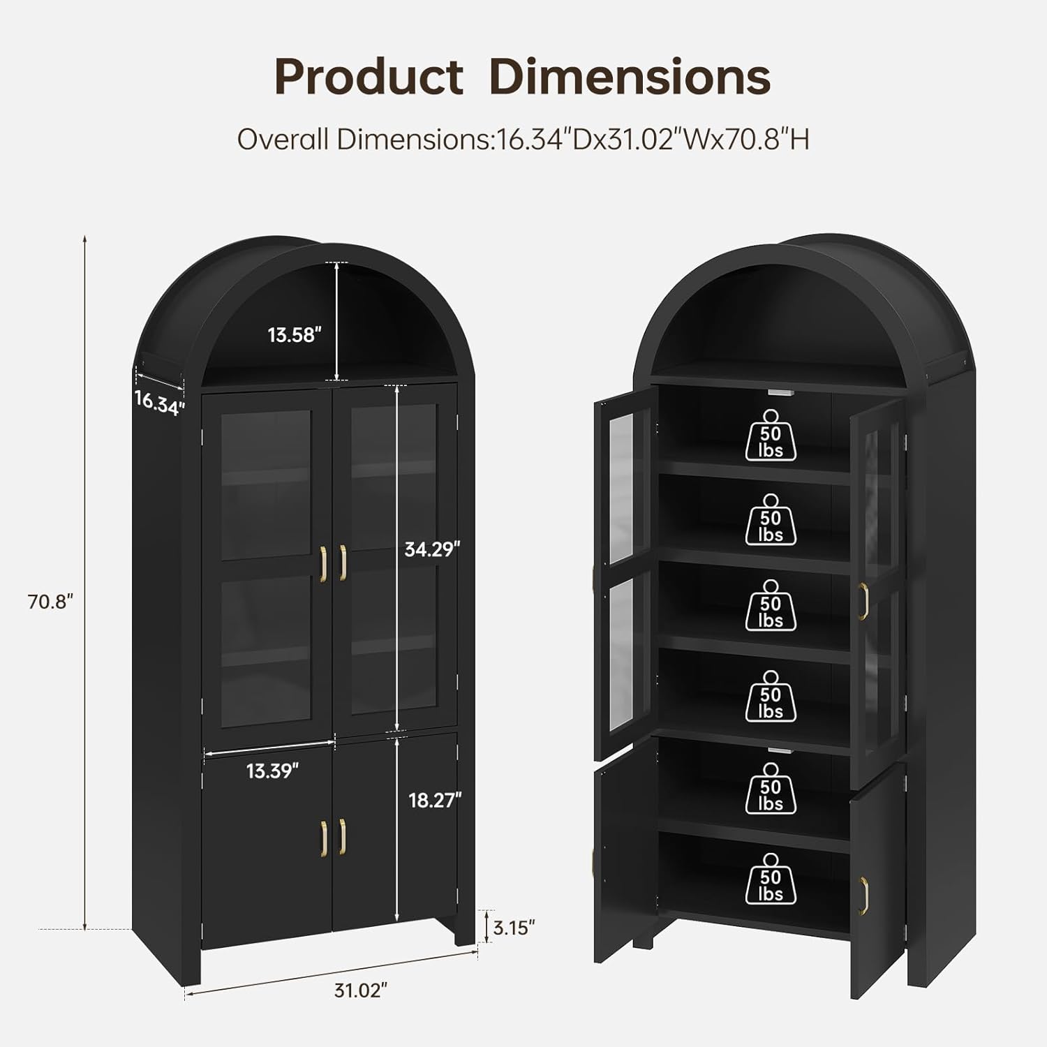 71" Tall Arched Kitchen Pantry, Modern Farmhouse Kitchens Storage Cabinets, Versatile Cupboard for Kitchen, Dining Room, Black, 1 Pc