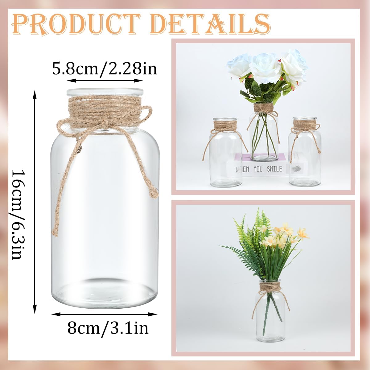 Vintage Glass Flower Vase, Farmhouse Glass Centerpiece Vases Mason Jars for Weddings, Parties & Home Decor Bulk (6, Transparent)
