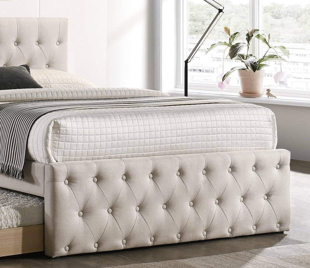 Contemporary Full Size Bed w, Trundle Slats Light Brown Burlap Upholstered Tufted Headboard Footboard Youth Bedroom Furniture Wooden Slats 1pc Bed