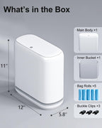 2.3 Gallon Slim Small Bathroom Trash Can with Lid, White Dog Proof Garbage Can with Air-Press Bag Expander & Removable Bucket, Narrow Bathroom Waste Basket for Bedroom, Office, Dorm