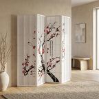 FurniFact White 4-Panel Wood Room Divider, Folding Privacy Screen, Fabric Panels, Floral Print, Oriental Style, 70 Inch, Freestanding