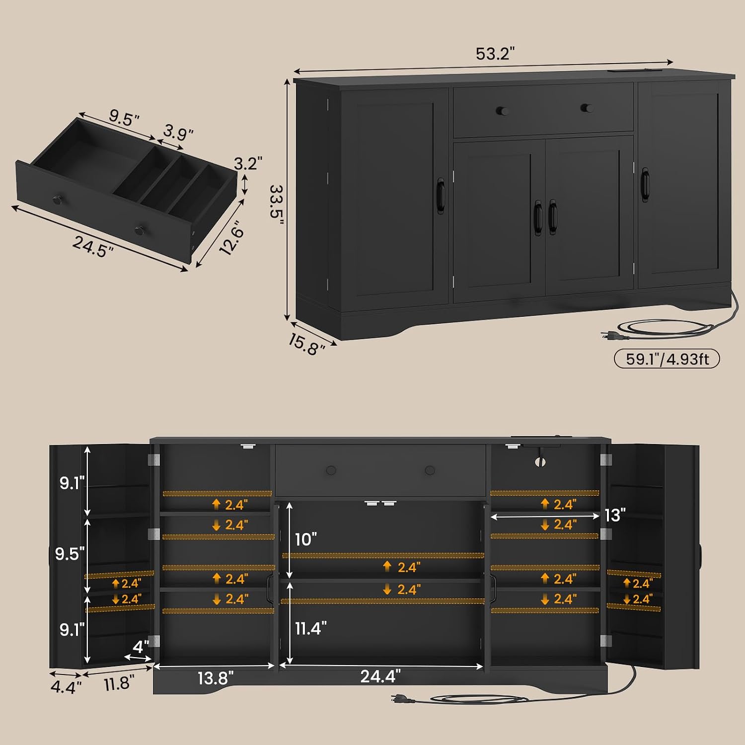 Brinlawb Buffet Cabinet with Storage & Charging Station, 53" Farmhouse Coffee Cabinet with Compartment Drawer, Sideboard Cabinets with Door and Adjustable Shelves for Kitchen, Black