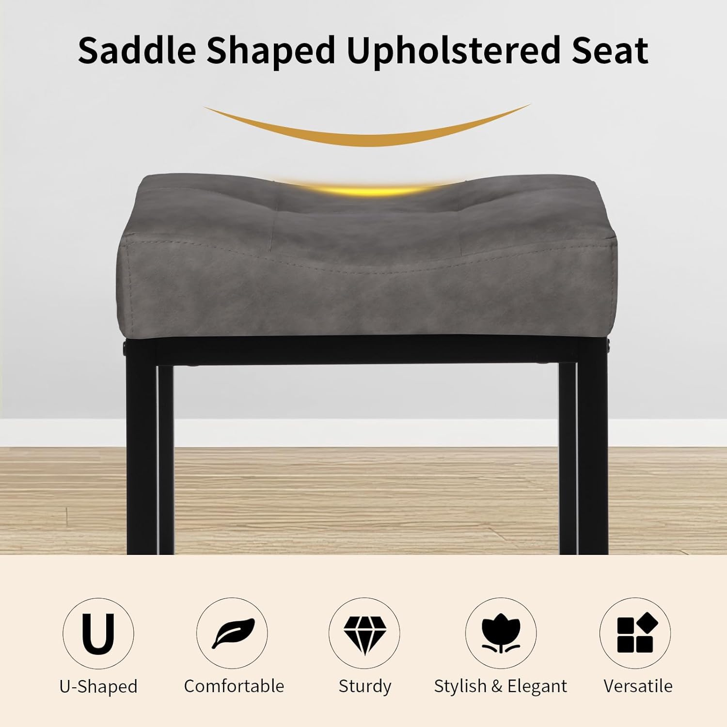 Saddle Seat Vanity Stool, Makeup Stool Chair with Metal Leg, U-Shaped Leather Ottoman Foot Rest Stool, Small Square Chairs Under Desk for Vanity, Living Room, Bedroom, Modern Makeup Bench Grey&Black