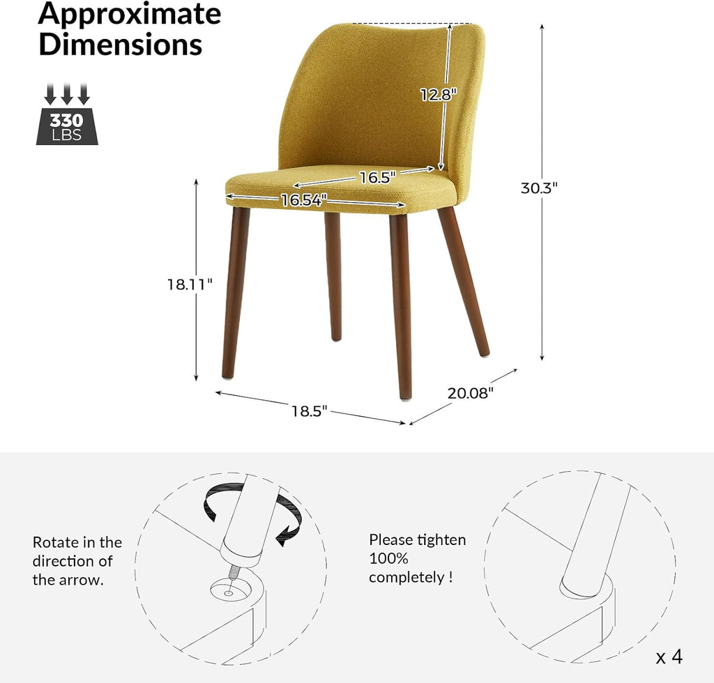 Dining Chairs Set of 2, Upholstered Kitchen Dining Room Chair Set Morden Accent Side Dinner Chair with Curved Padded Back Wood Legs for Restaurant/Cafe, Mustard