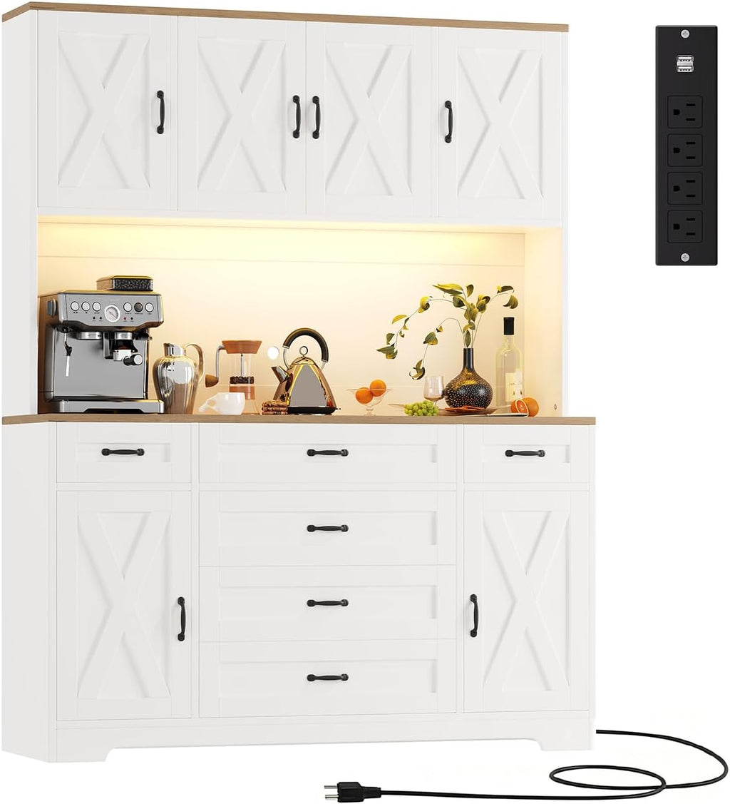Yanosaku 71" Tall Pantry Cabinet with LED Lights & Charging Station, Farmhouse Kitchen Hutch with 6 Drawers & Adjustable Shelves, Spacious Storage Cabinet for Dining Room, White