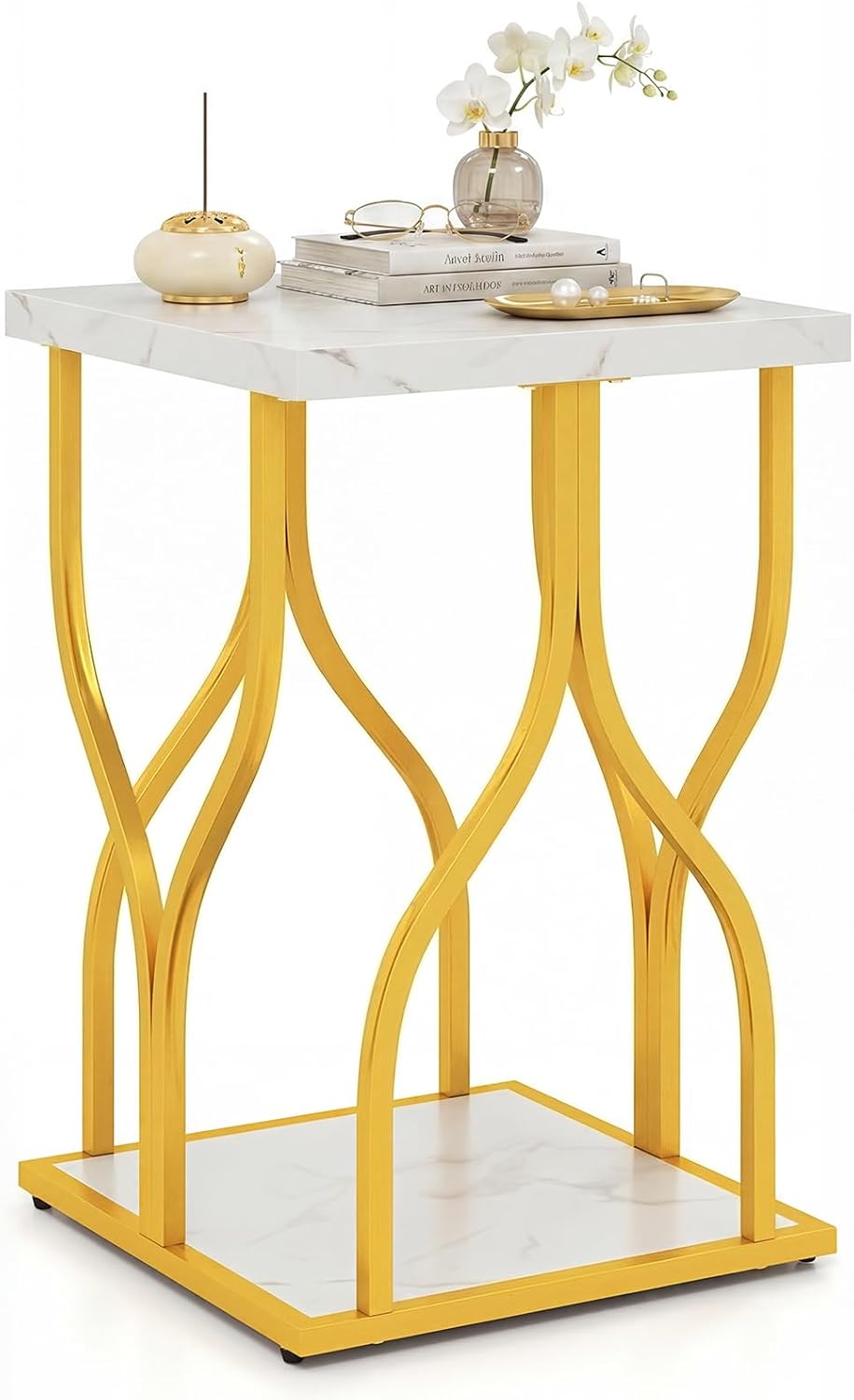 Giantex 2-Tier End Table, Faux Marble Bedside Night Stand with Storage Shelf & Gold Petal-Inspired Geometric Metal Frame, Modern Couch Sofa Side Table for Living Room Bedroom Small Spaces (1)