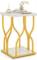 Giantex 2-Tier End Table, Faux Marble Bedside Night Stand with Storage Shelf & Gold Petal-Inspired Geometric Metal Frame, Modern Couch Sofa Side Table for Living Room Bedroom Small Spaces (1)