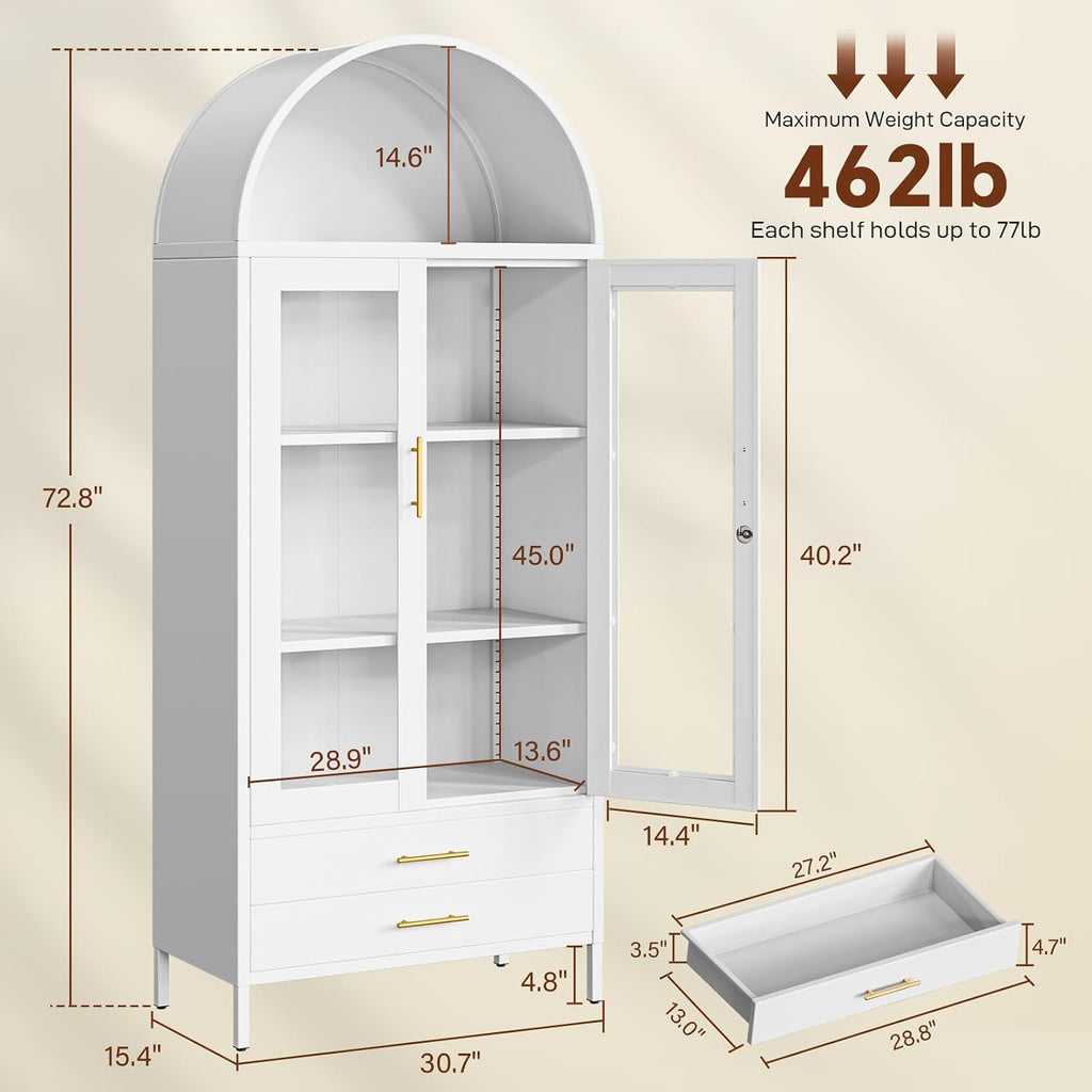 Holiwei Metal Storage Cabinet, 73" Arched Kitchen Pantry Organizer with 2 Drawers & 2 Adjustable Shelves, Freestanding Display Cabinet for Living Room