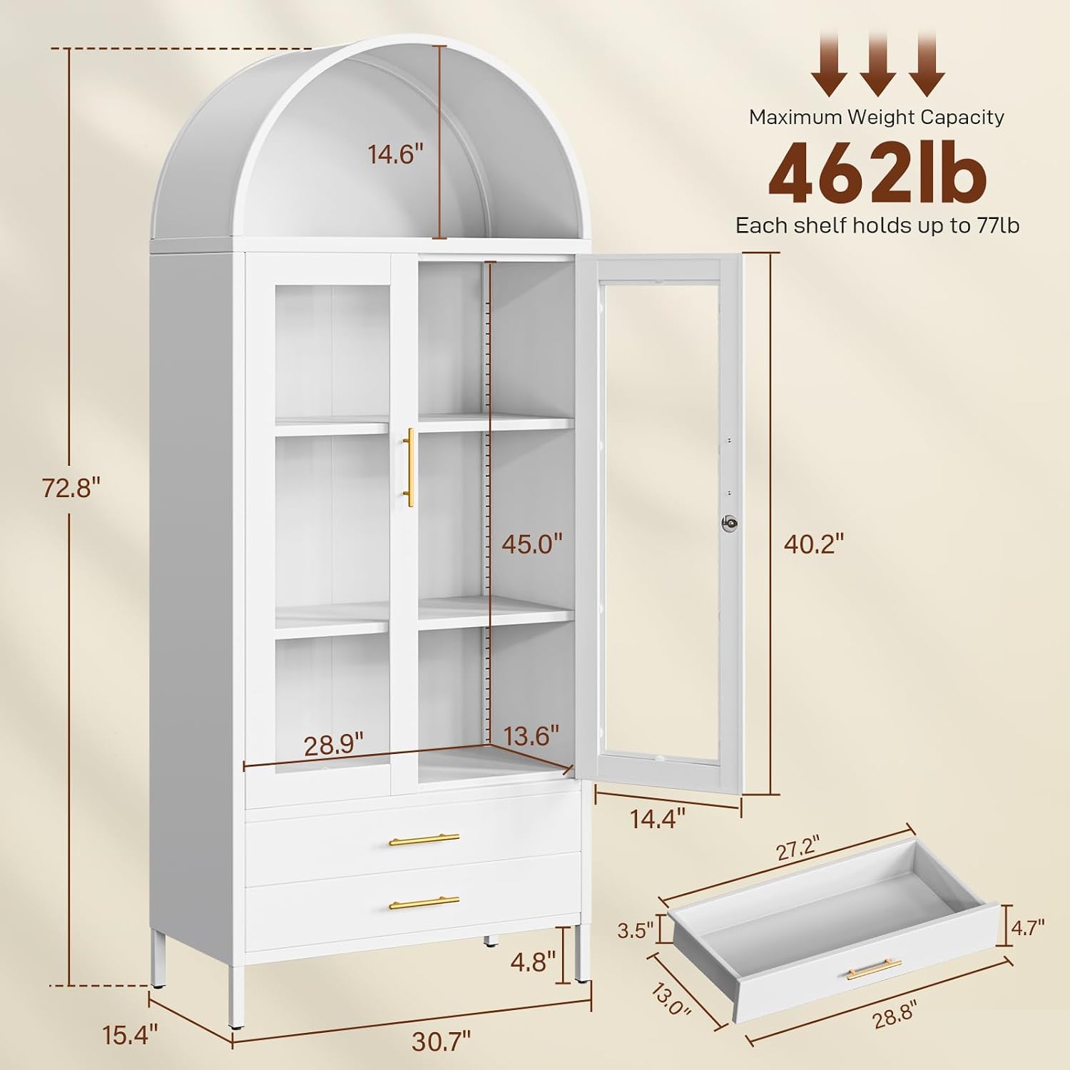 Holiwei Metal Storage Cabinet, 73" Arched Kitchen Pantry Organizer with 2 Drawers & 2 Adjustable Shelves, Freestanding Display Cabinet for Living Room