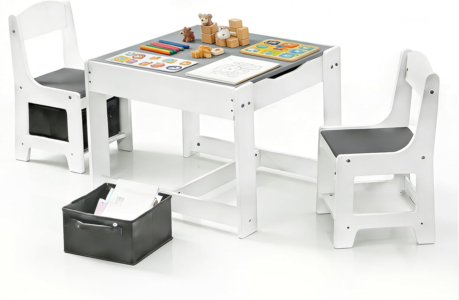 Pterying Wood Toddler Table and Chair Set - Kids Table and Chairs with Detachable Tabletop & Storage Drawers, Kids Furniture Set for Crafts, Arts, Drawing, Learning