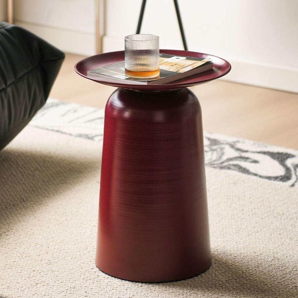 Simple Small Round Side Table, Retro Accent Table with Thick Pedestal, Minimalist Carbon Steel Frame End Table, Modern Drink Tables for Living Room, Bedroom(Red)