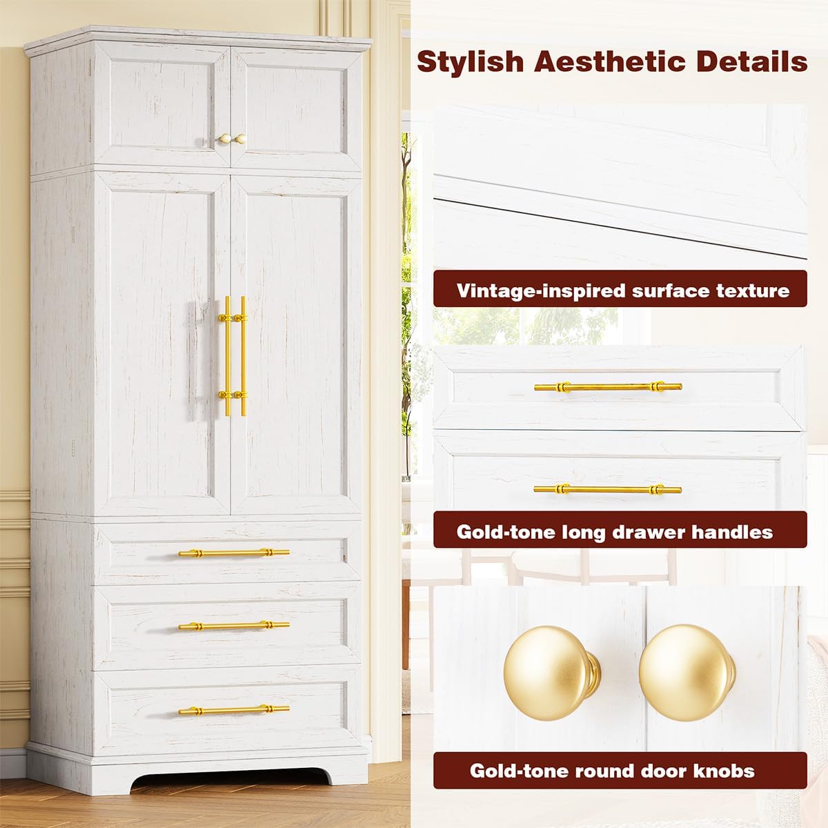 78.2" Tall Kitchen Pantry Cabinet with 8 Door Shelves and 3 Adjustable Shelves for Dining Room, Freestanding Storage Cabinet with 3 Large Drawers, Versatile Cupboard for Bathroom (White)
