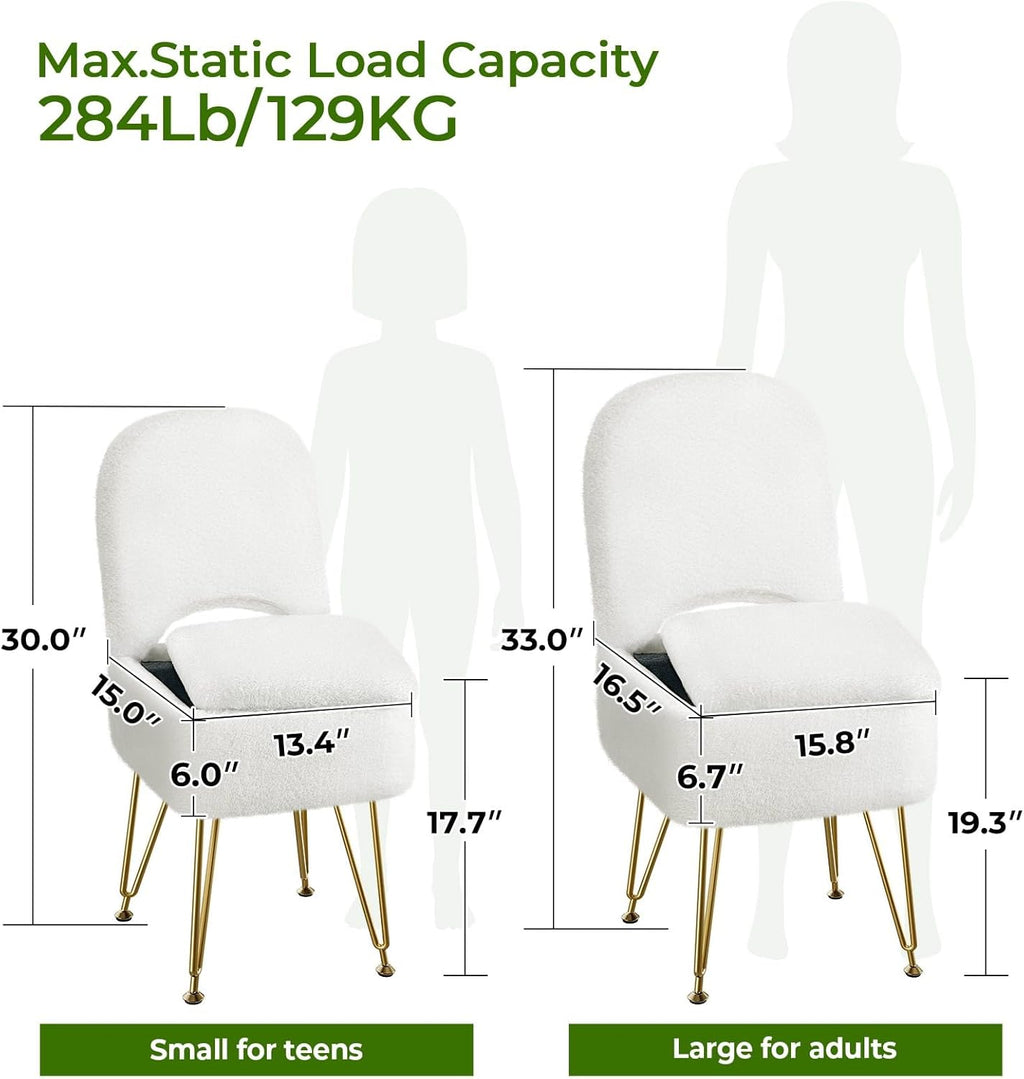 GREENSTELL Vanity Stool Chair with Storage and Folding Back, 13.4" x 15" x 30" Square Faux Fur Soft Ottoman, 4 Metal Legs with Anti-Slip Feet, Furry Padded Seat for Makeup, Bedroom, White