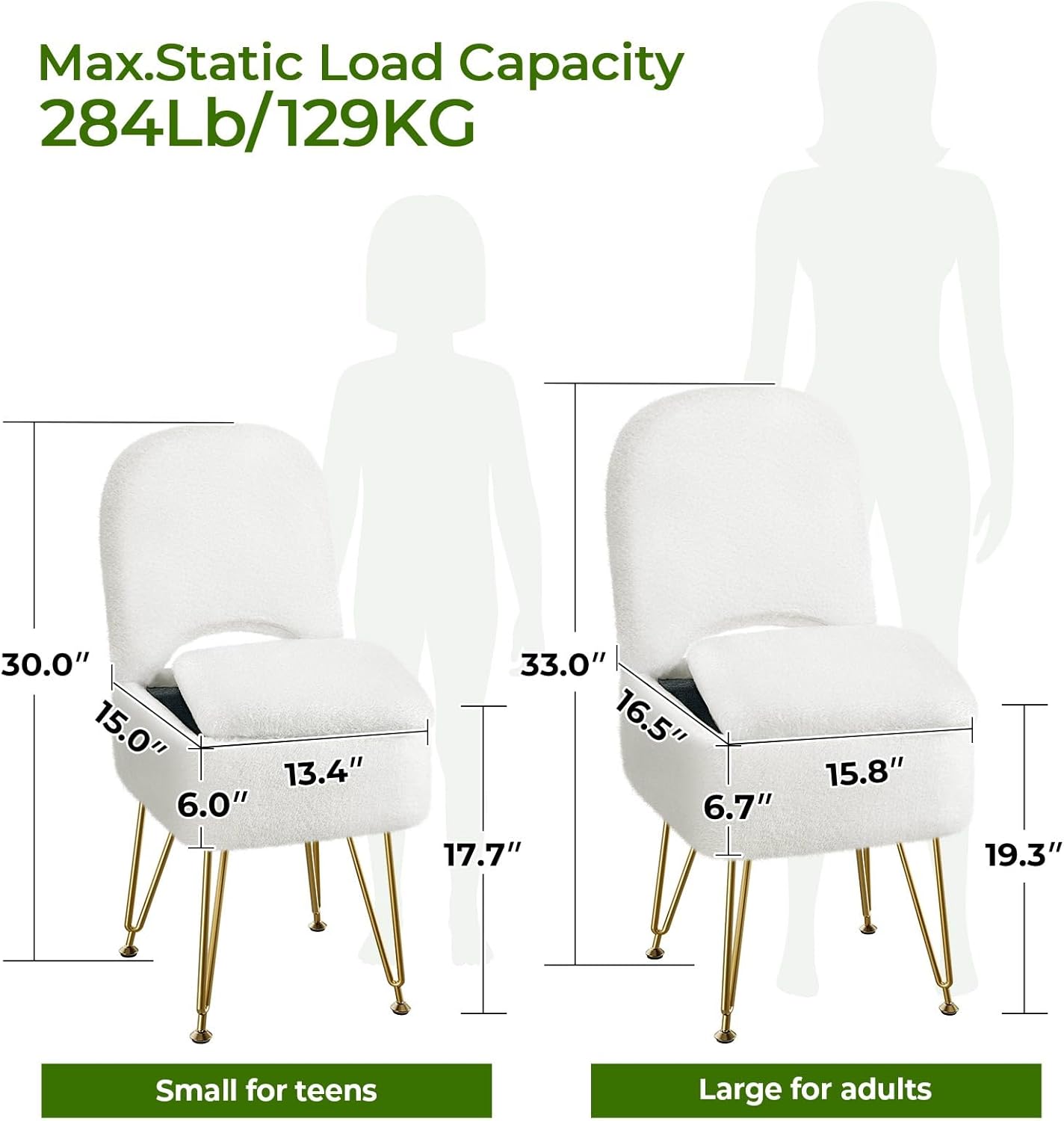 GREENSTELL Vanity Stool Chair with Storage and Folding Back, 13.4" x 15" x 30" Square Faux Fur Soft Ottoman, 4 Metal Legs with Anti-Slip Feet, Furry Padded Seat for Makeup, Bedroom, White