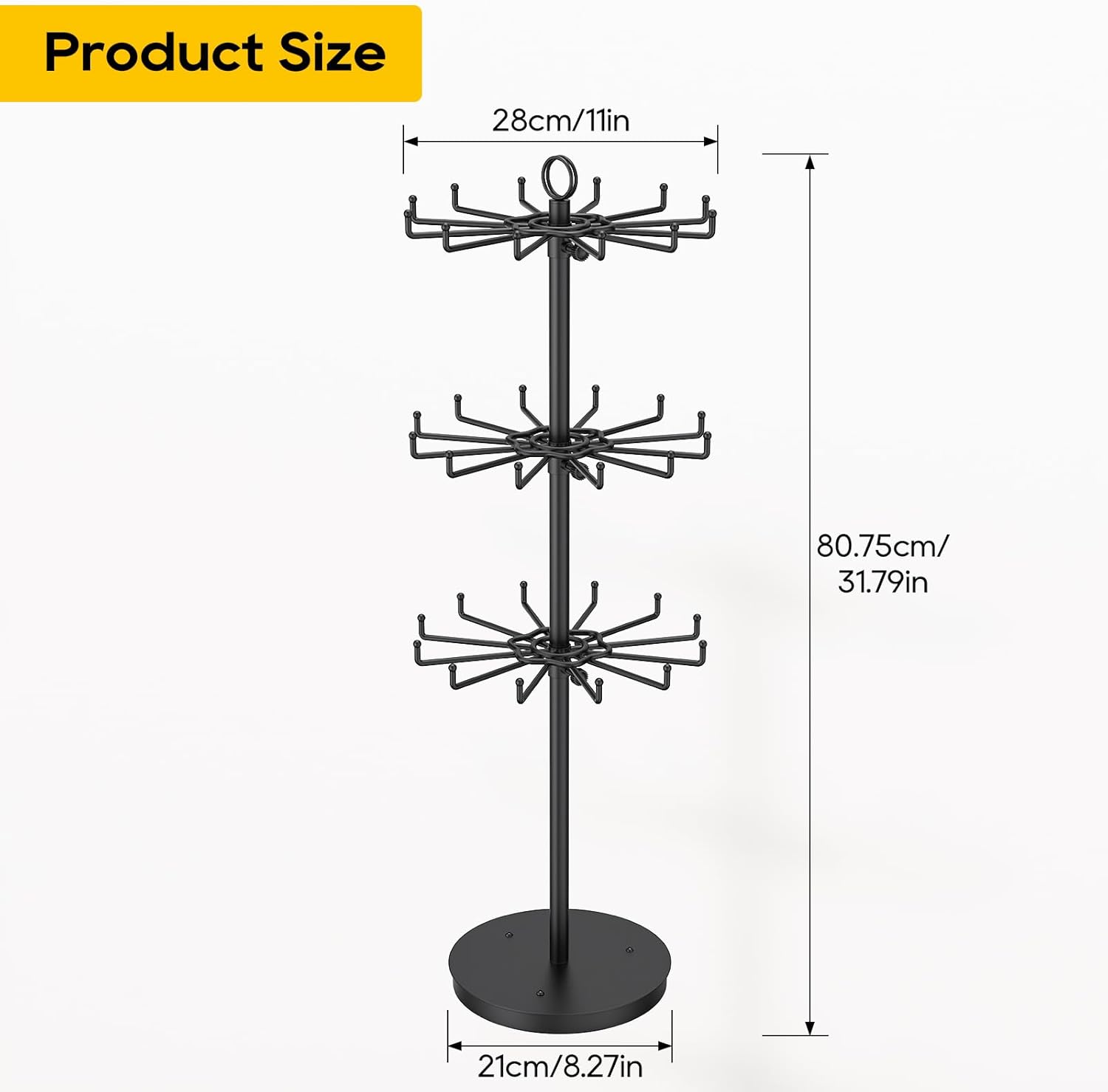ORLESS 3 Tier Rotating Jewelry Display Stand, Keychain Display Stand with 36 Hooks, Black Metal Retail Display Spinning Holder for Vendor, Spinning Display Rack for Necklace Bracelet Earring Organizer