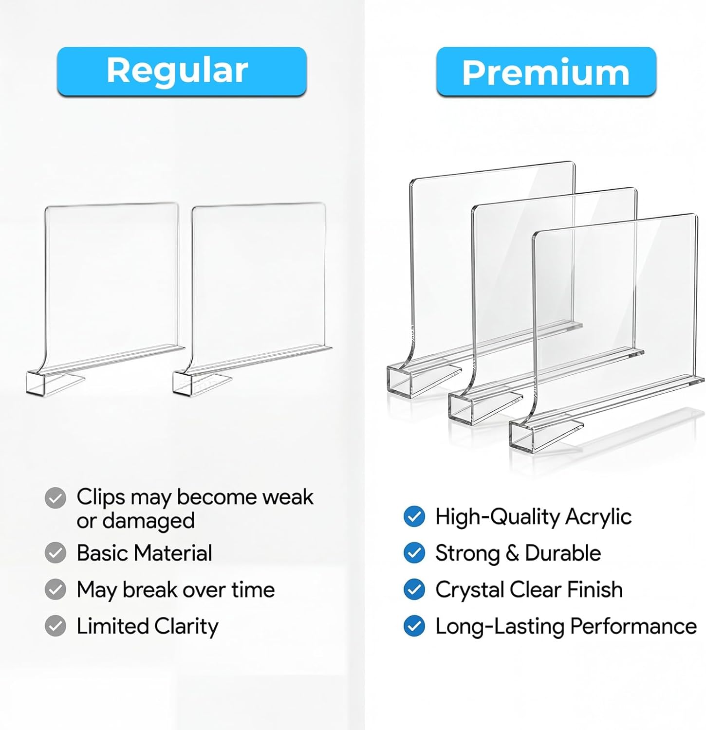 [Extra Tall Version] Clear Shelf Dividers for Closet Organization, 6 Pack Adjustable Acrylic Wardrobe Separator for Clothes, Purse, Kitchen & Bathroom Storage, Space Saving Closet Organizer 12 Inches