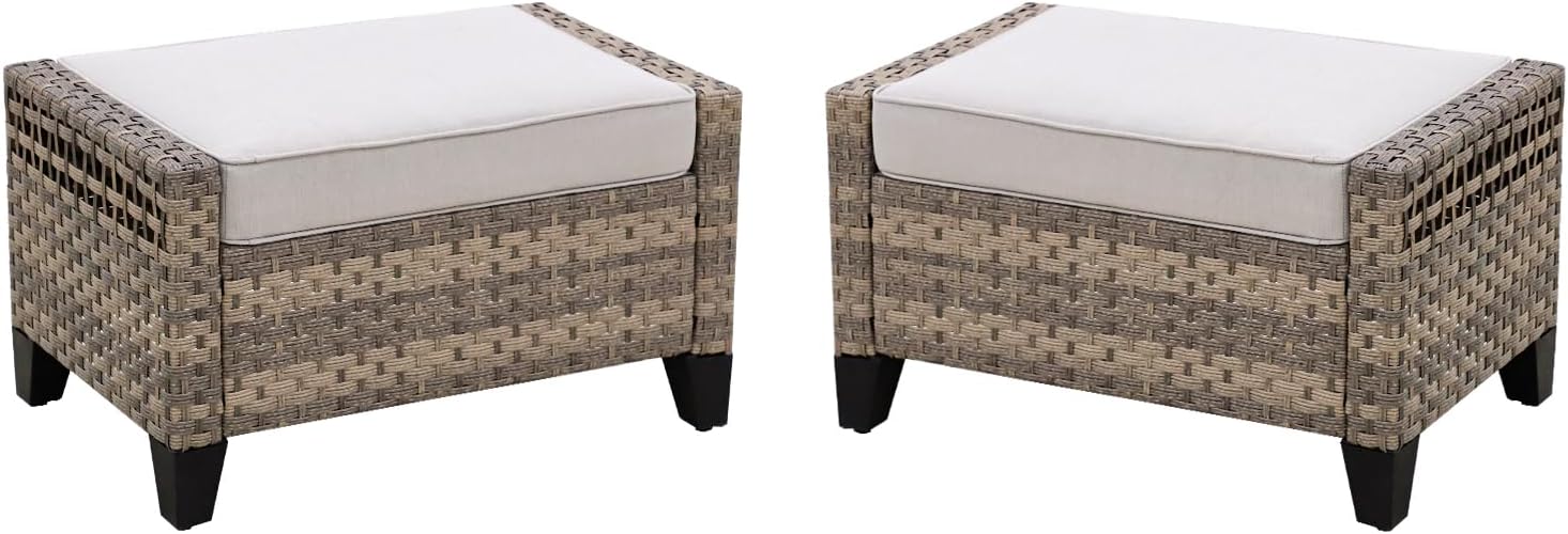 COOS BAY Modern 2 Piece Wicker Outdoor Ottomans, Patio Ottoman Foot Rest Set for Couch with Removable Cushions, 29.1" W x 18.1" D x 17.3" H, Brown/Gray