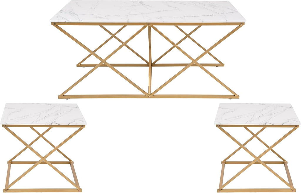 unipaws Modern Nesting Coffee Table Set of 3, Faux Marble Top with Golden Frame, Coffee Table with 2 Square End Side Tables, Perfect for Living Room, Apartment, Office