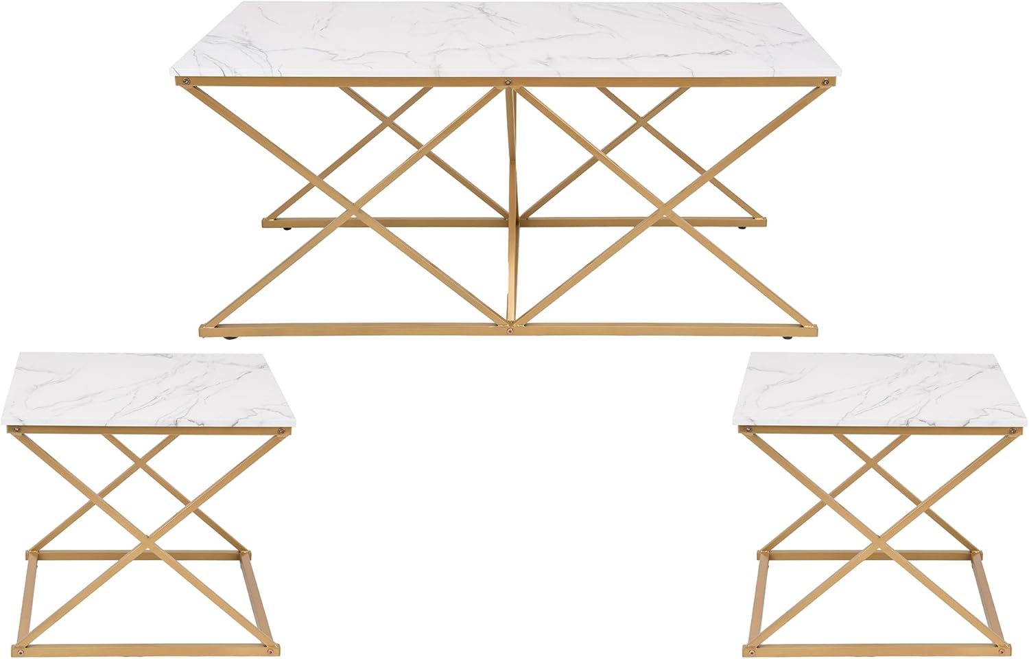 unipaws Modern Nesting Coffee Table Set of 3, Faux Marble Top with Golden Frame, Coffee Table with 2 Square End Side Tables, Perfect for Living Room, Apartment, Office