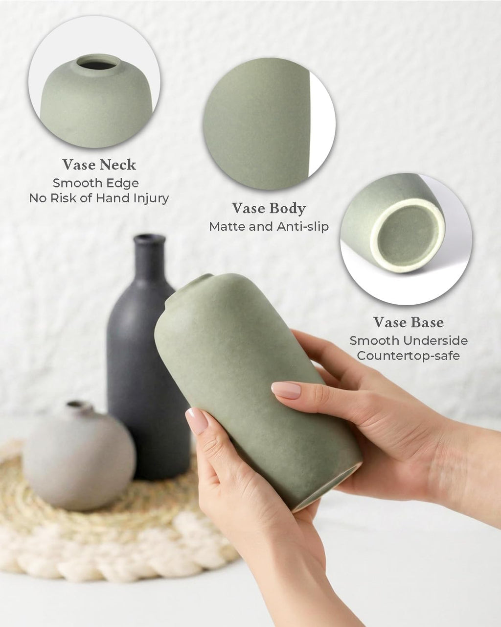 Ceramic Modern Vase Set of 3, Neutral Small Decorative Pottery Vases | Rustic Farmhouse Decor for Pampas Grass, Dried or Fresh Flowers, Perfect Vase Decor for Shelves&Small Spaces, Morandi Color