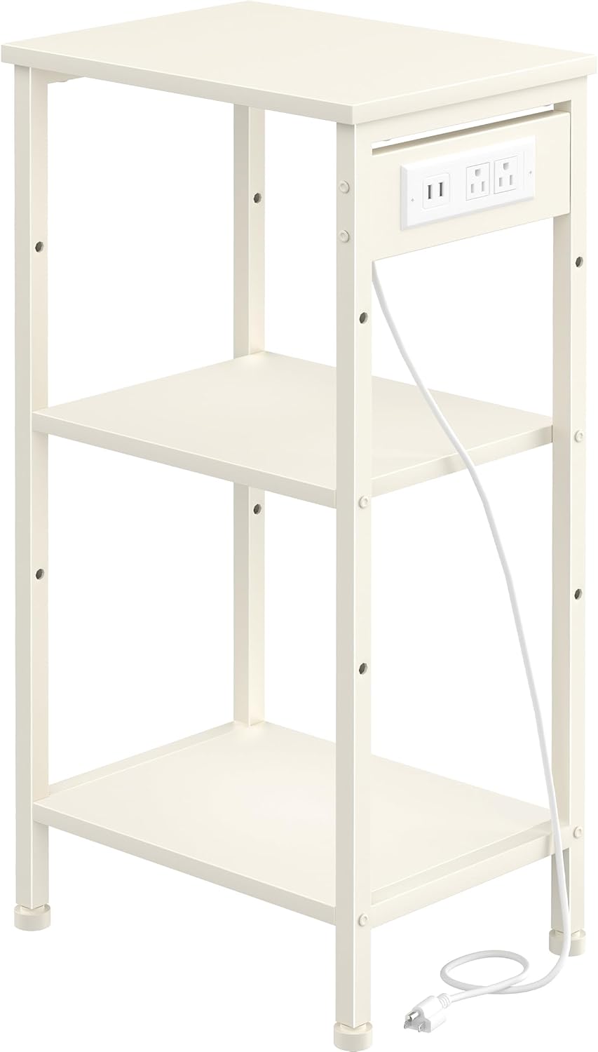 Asgolion Tall End Table with Charging Station, Narrow Tall Side Table | 3 Tier Narrow Tall Nightstand with Storage, Slim Tall Bedside Table for Bedroom, Living Room, Office, Cream White