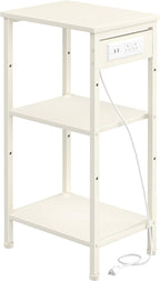 Asgolion Tall End Table with Charging Station, Narrow Tall Side Table | 3 Tier Narrow Tall Nightstand with Storage, Slim Tall Bedside Table for Bedroom, Living Room, Office, Cream White
