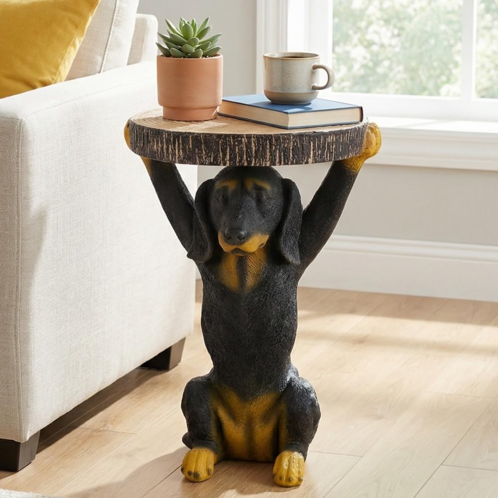 Dog Side Table - 22.17 Inch Black Dog Statue Pedestal End Table with Faux Wood Grain Top, Hand Painted Accent Stool for Living Room Office Patio Garden Outdoor Decor