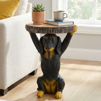 Dog Side Table - 22.17 Inch Black Dog Statue Pedestal End Table with Faux Wood Grain Top, Hand Painted Accent Stool for Living Room Office Patio Garden Outdoor Decor