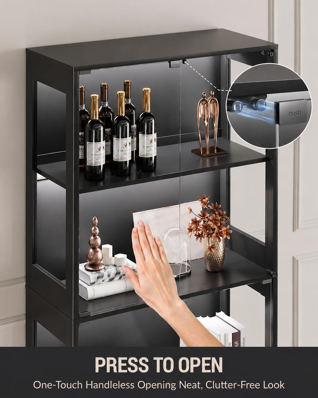 Glass Display Cabinet with Doors, 4-Tier Display Case with Adjustable Shelves, RGB LED Lights with App & Remote Control, Curio Storage Cabinet with Metal Base for Collectibles, Books, Black