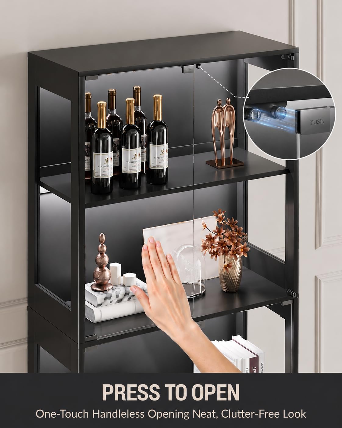 Glass Display Cabinet with Doors, 4-Tier Display Case with Adjustable Shelves, RGB LED Lights with App & Remote Control, Curio Storage Cabinet with Metal Base for Collectibles, Books, Black