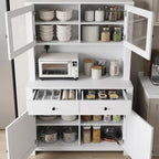 Freestanding Kitchen Pantry Cabinet with Microwave Countertop, Tall Storage Hutch Buffet Cupboard with Adjustable Shelves & Tempered Glass Door, Multifunctional Storage Cabinet for Kitchen Dining Room