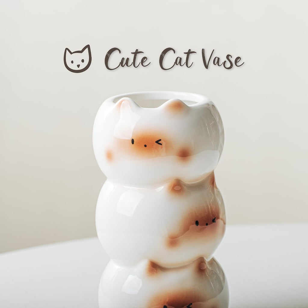 Cute Cat Vase, 6.8 in Small White Ceramic Vase Modern Flower Vases for Cat Lovers, Unique Flower Vases for Home Farmhouse Bedroom Living Room Wedding Table Centerpieces Decor
