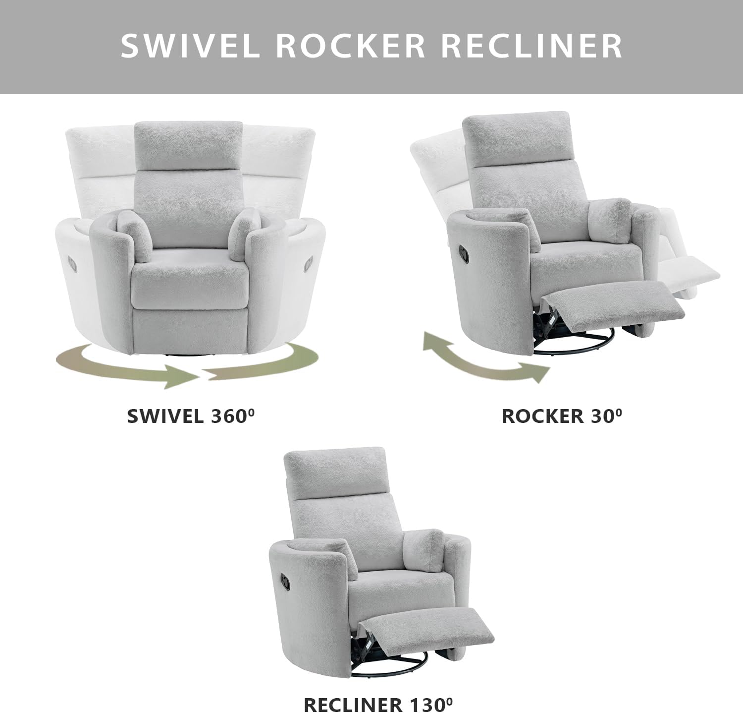 Soho Baby Nottingham Upholstered Glider Recliner Rocking Chair 360° Swivel for Nursery and Living Roomr, Plush Gray