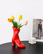 Ceramic Boot Vase for Modern Home Decor,7.9" High Heel Bootie Flower Vase,Quirky Funky Aesthetic Room Decor,Trendy Coffee Table Centerpiece for Women(Red)