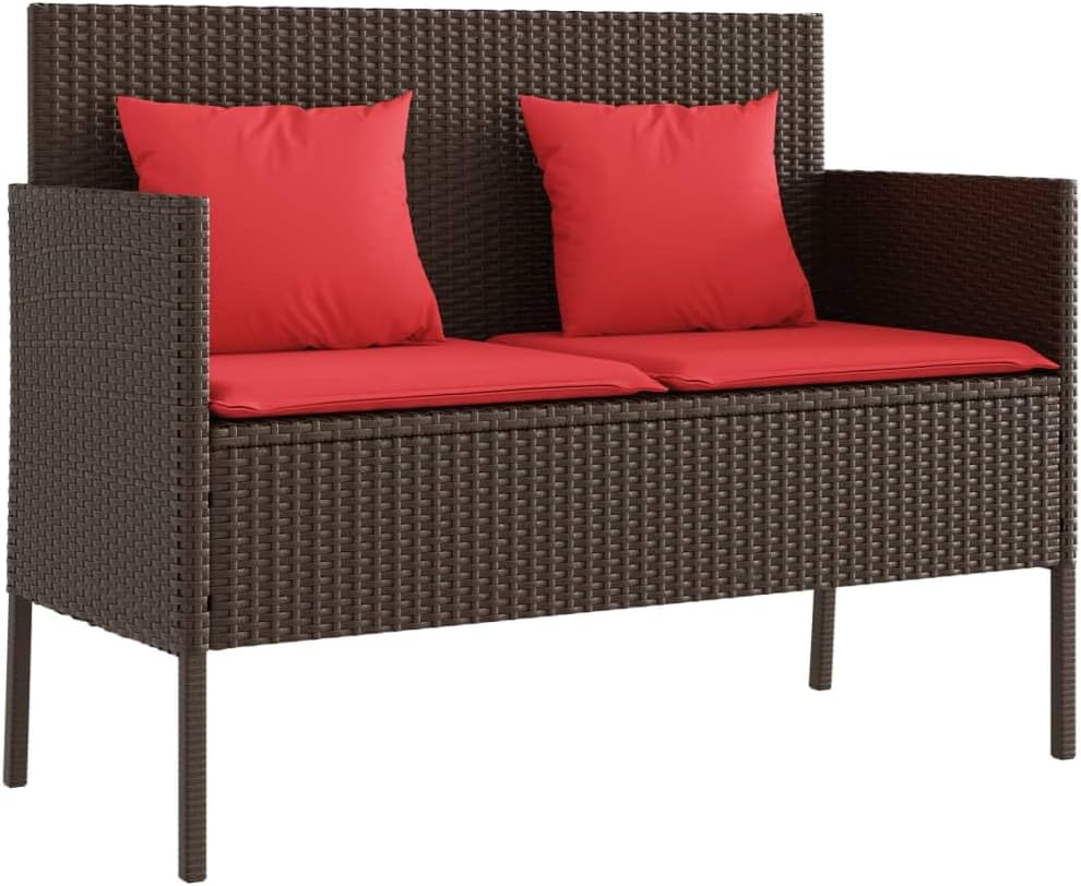 Outdoor Storage Bench with Cushions, Waterproof Patio Storage Bench Brown Poly Rattan, PE Rattan Garden Seat with Thick Padded Cushion and Removable Washable Cover