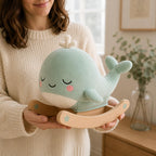 Juju Rocking Whale Soft Velour Rocker – Mint Cushioned Whale on Natural Beechwood Base with Painted Star Accents – Cozy Nursery Decor Accent – Embroidered Sleepy Face Design